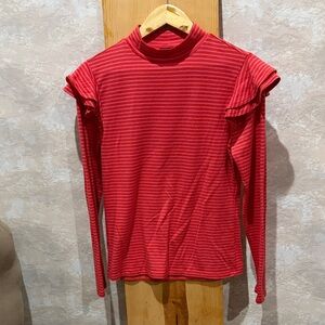 Ann Taylor Red Striped Long-Sleeve Mock Neck with Ruffle Shoulders